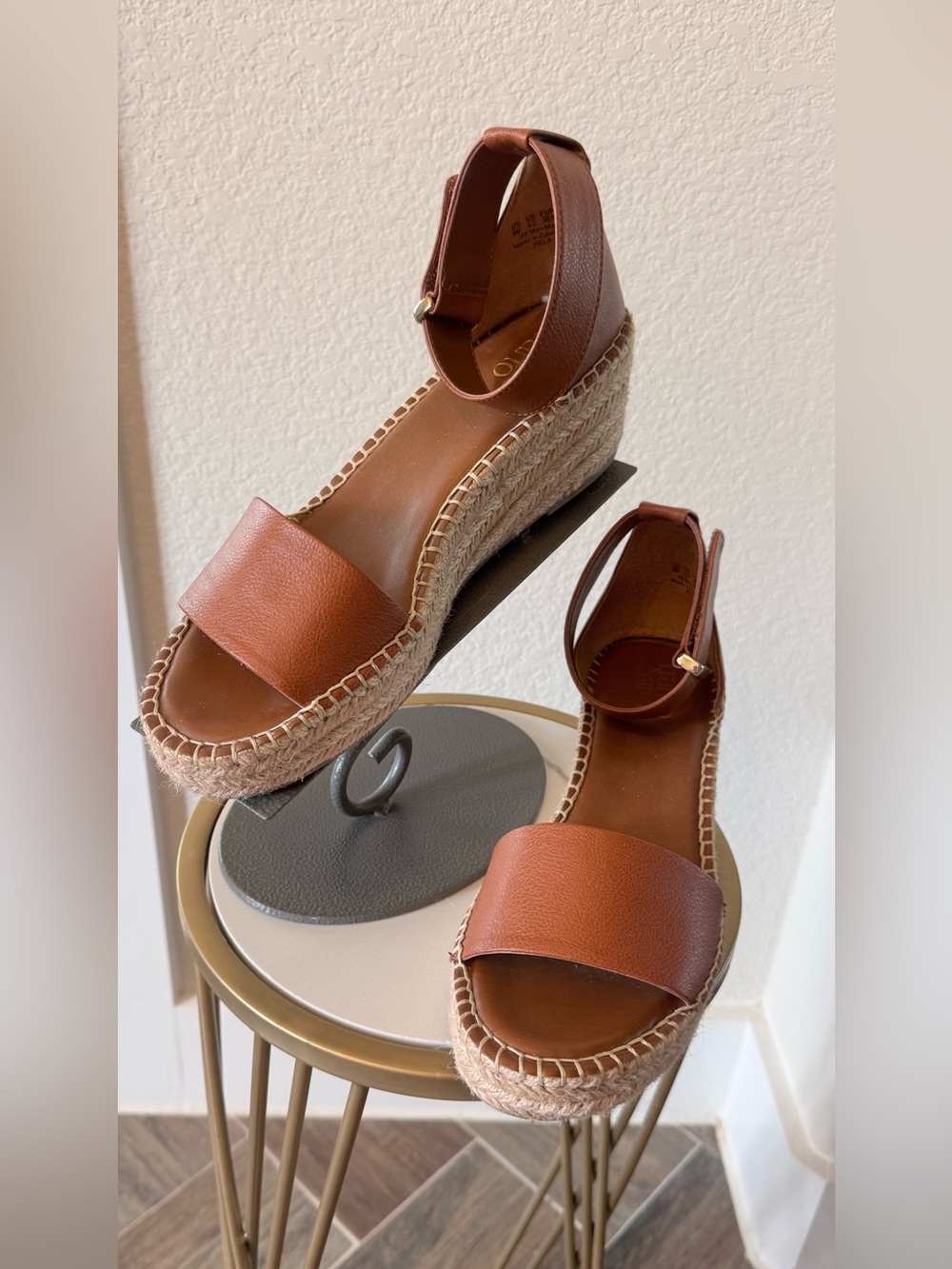 Franco Sarto “Clemens”Tan Leather Espadrille Wedge Sandals with Ankle Strap
